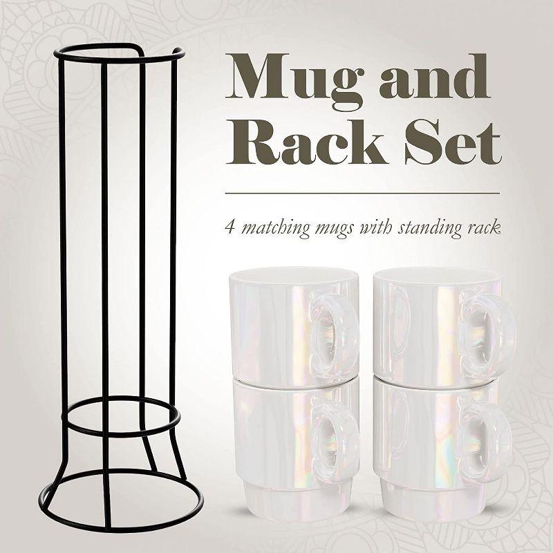 Pearlized Ceramic Mug Set with Black Metal Rack, 14 oz, 4-Piece