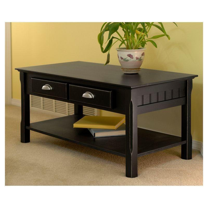 Timer Coffee Table, Drawers and Shelf - Black - Winsome: Solid Wood, Chrome Handle Accents