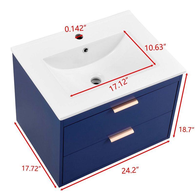 24" Floating Wall Mounted Bathroom Vanity With White Ceramic Sink Storage Drawers Wooden Bathroom Storage Cabinet, Blue