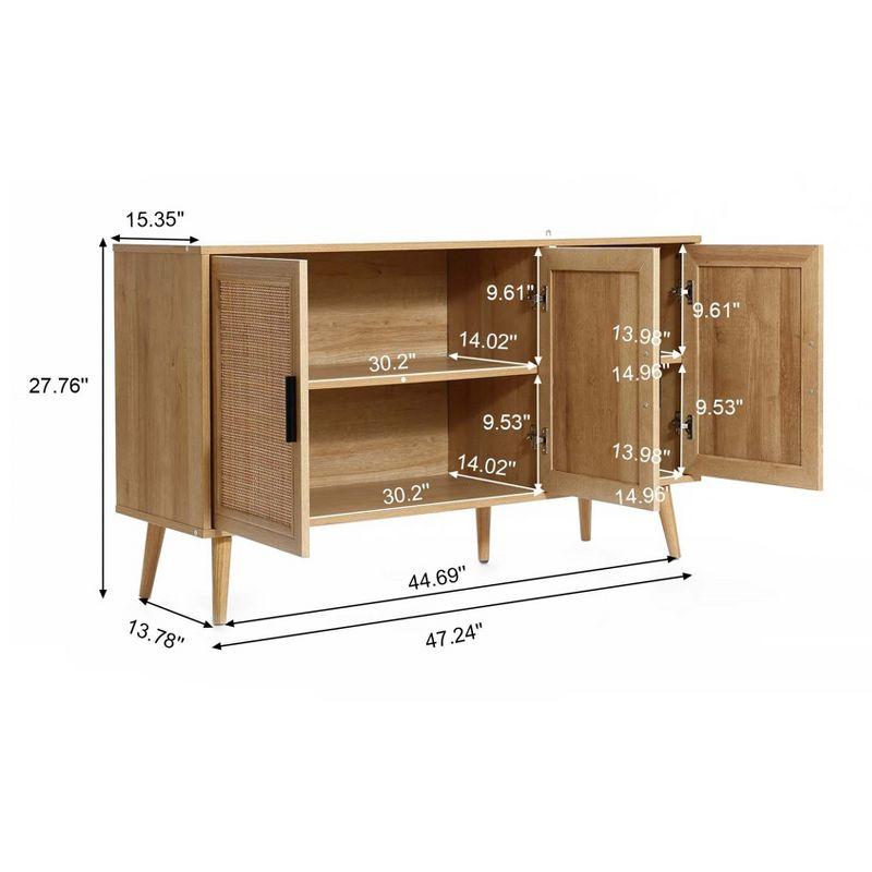 LuxenHome 47.2" Wide 3-Door Rattan Light Oak Finish Wood Sideboard Cabinet