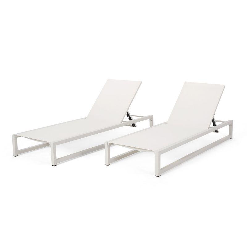 White Aluminum and Mesh Adjustable Armless Chaise Lounges, Set of 2