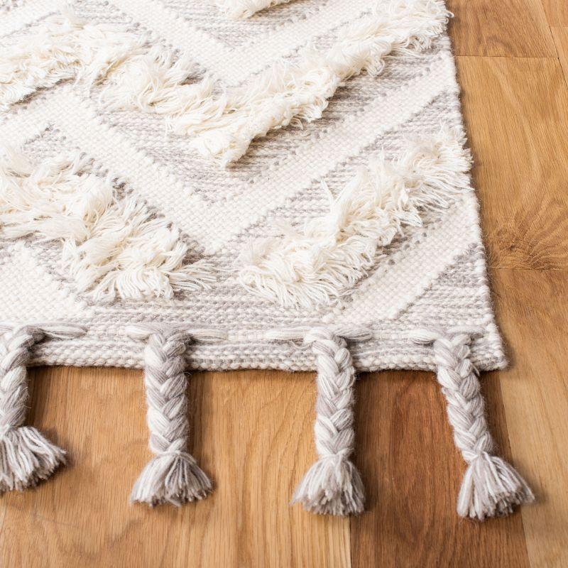 Ivory Geometric Hand-Knotted Wool Area Rug with Tassels