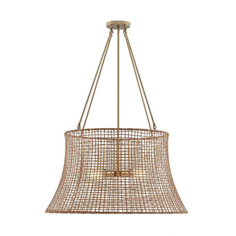 Burnished Brass and Rattan Resin 4-Light Outdoor Chandelier