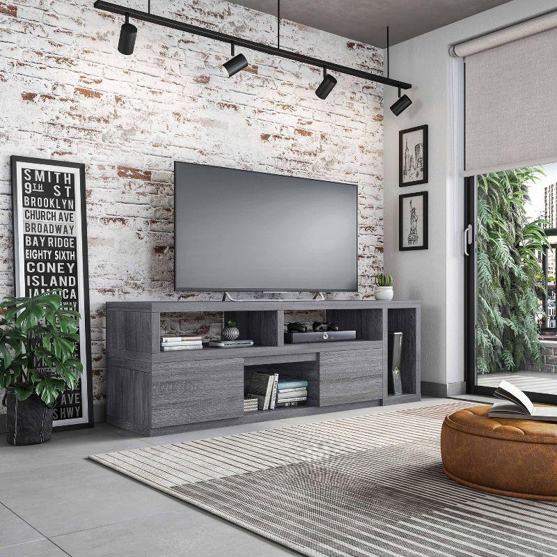 Adjustable TV Stand for TVs up to 65" Console Gray - Techni Mobili: Expandable, with Open Shelves & Metal Hardware