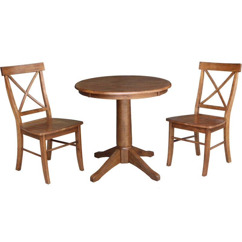 30'' Round Solid Wood Pedestal Dining Table with 2 Cross Back Chairs in Distressed Oak