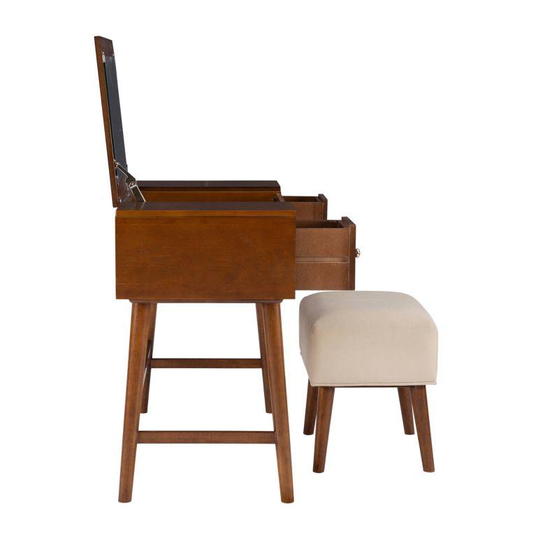 Viola Mid-Century Modern Flip-up Mirror 2 Drawer Vanity and Upholstered Stool Brown - Linon: Rubberwood, MDF, Lift-Top Storage