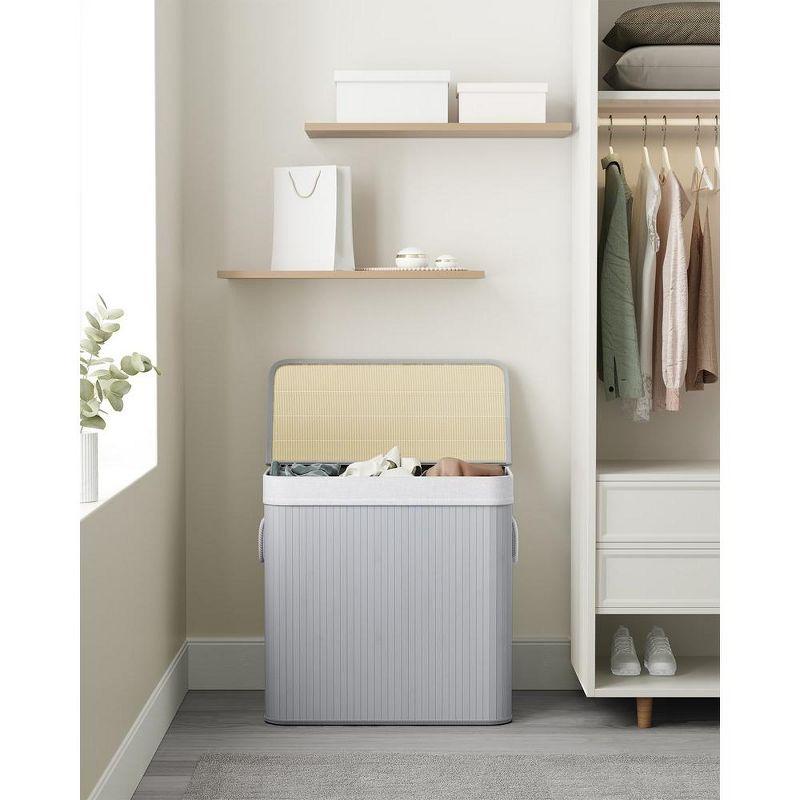 SONGMICS 39.6Gal (150L) Laundry Hamper, 3-Section Laundry Basket, Laundry Hamper with Lid, Bamboo, Foldable, Removable and Machine Washable Liner,Gray