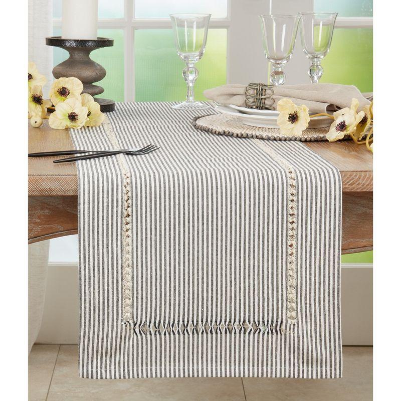 Black and White Striped Cotton Hemstitched Table Runner