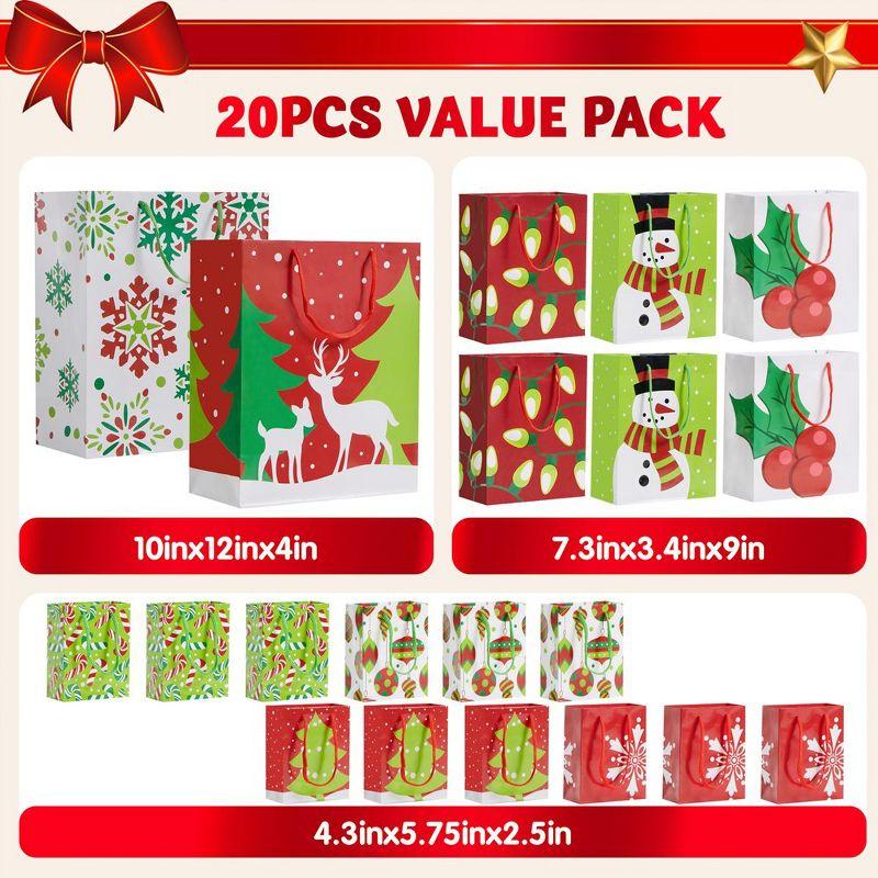 JOYFY 20pcs Christmas Gift Bags Assorted Sizes - Red Green White Gift Bags