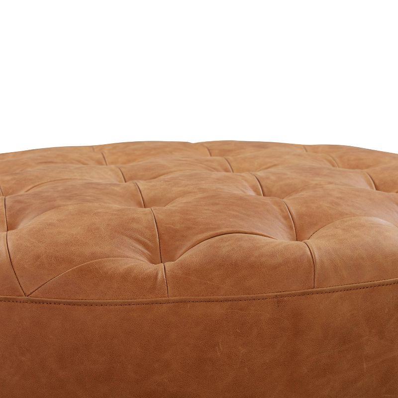 Poly & Bark Ascot Ottoman Cognac Tan: Round Tufted Leather, No Assembly, Dry Dust Care