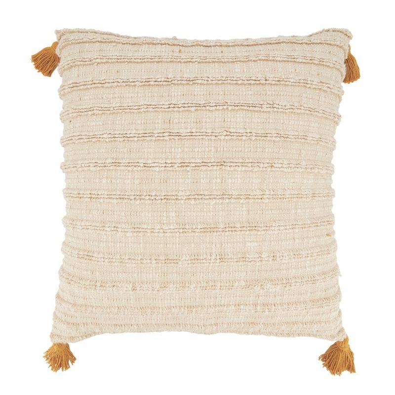 Beige Striped Cotton Woven Throw Pillow Cover with Tassels, 20"x20"