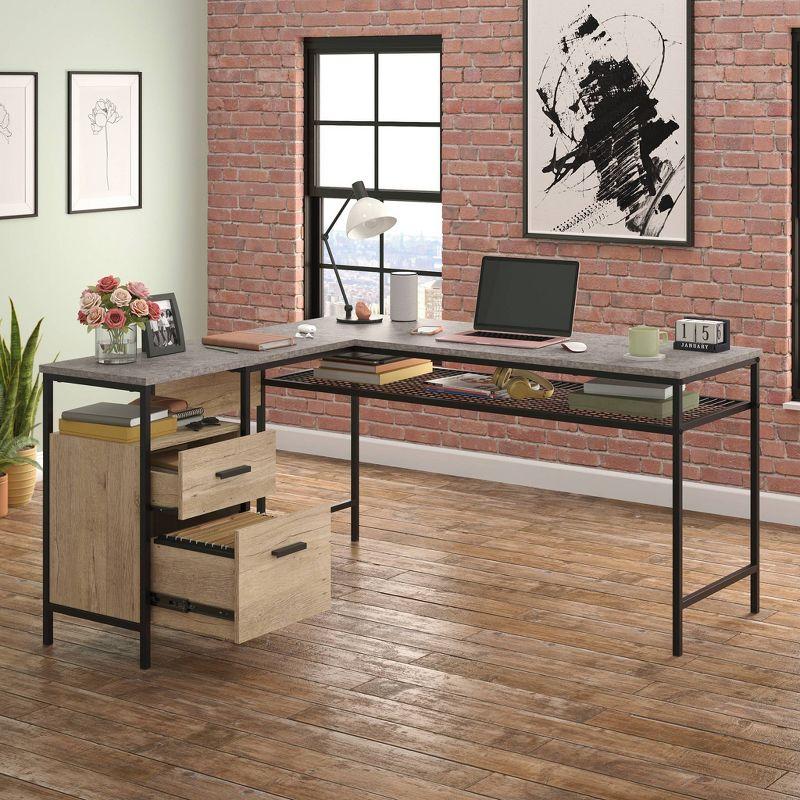 Gray Oak L-Shaped Computer Desk with Drawer and Filing Cabinet