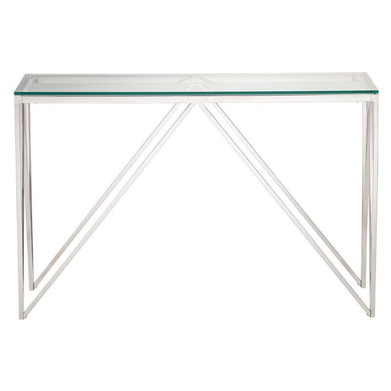 55 Downing Street Modern Chrome Stainless Steel Rectangular Console Table 47 1/4" x 15 3/4" Silver Glass Tabletop for Living Room Bedroom Bedside Home