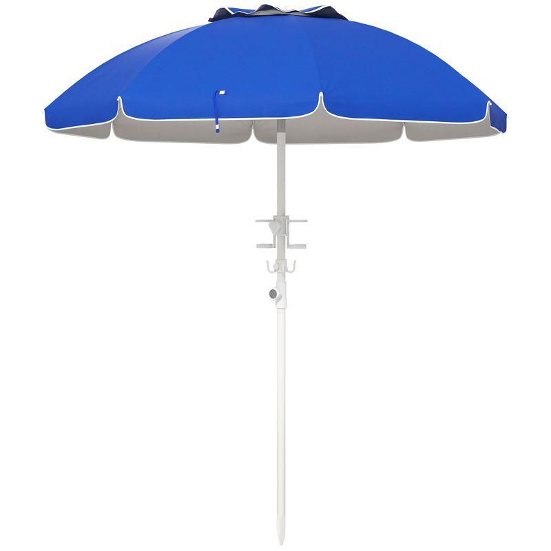 Outsunny 5.7' Beach Umbrella with Cup Holders, Hooks, Vented Canopy, Portable Outdoor Umbrella, Blue