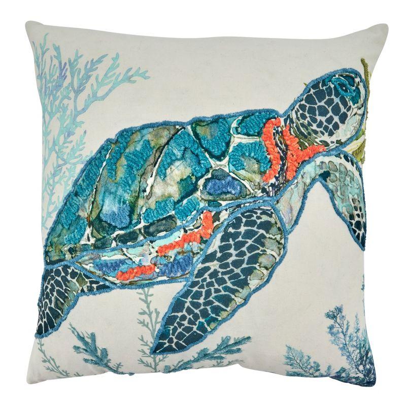 Sea Turtle Embroidered Square Throw Pillow, 20" Multicolor