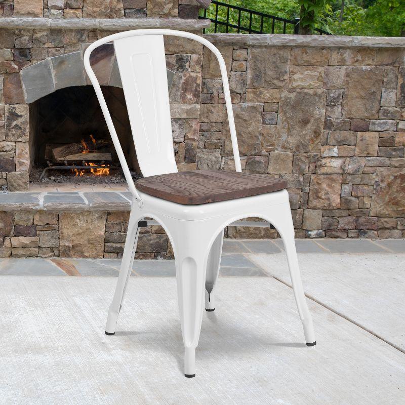 White Metal Stackable Dining Chair with Wood Seat