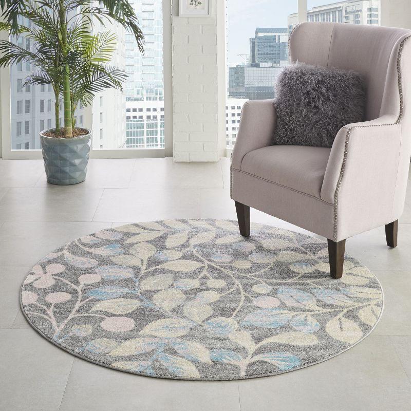 Nourison Tranquil 5'3" X ROUND (5' Round) Grey/Beige Area Rug Contemporary Botanical Vine and Bloom by Nourison