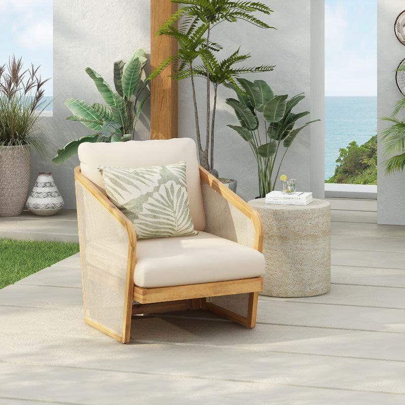 Christopher Knight Home Bendgn Patio Acacia Wood and Textilene Club Chair with Cushion, Teak/Beige, Single