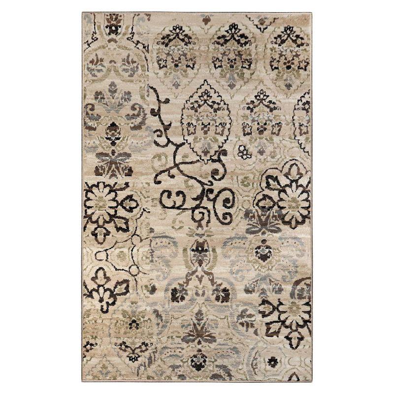 Beige Floral Damask Polypropylene Area Rug with Jute Backing