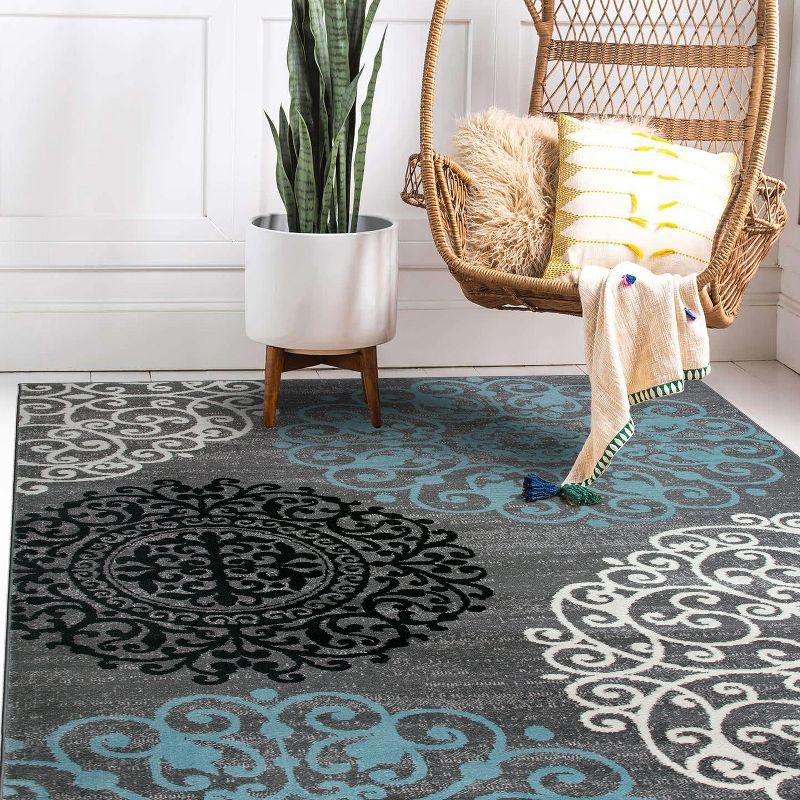 Gray and Blue Floral Synthetic Low Pile Area Rug