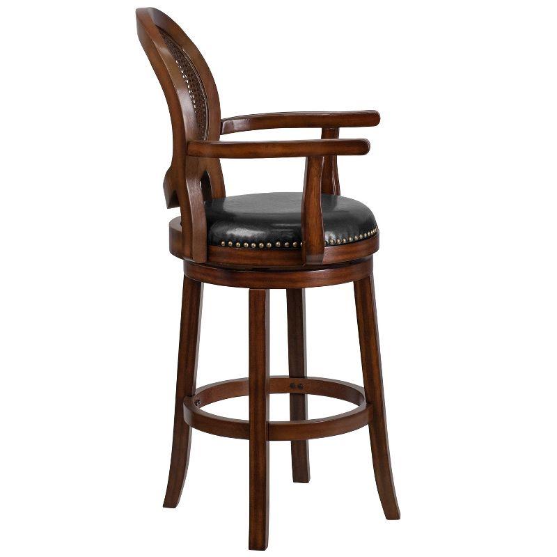 Flash Furniture 30'' High Expresso Wood Barstool with Arms, Woven Rattan Back and Black LeatherSoft Swivel Seat