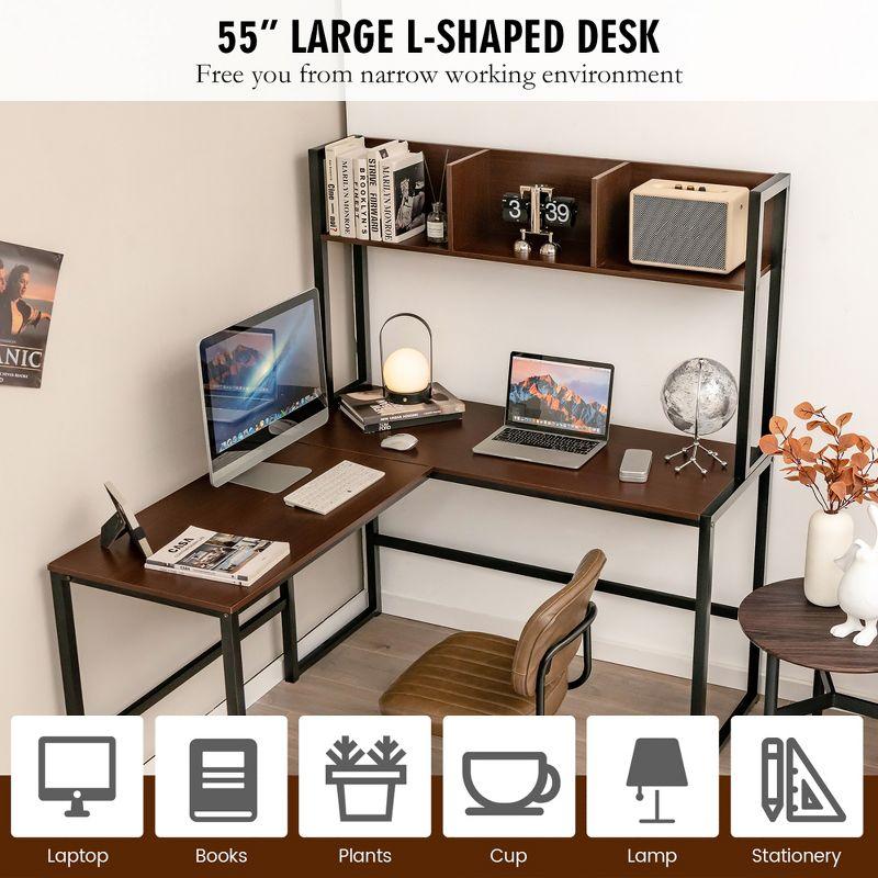 Costway 55''L-Shaped Desk Corner Computer Desk Writing Workstation Table w/Hutch Teak