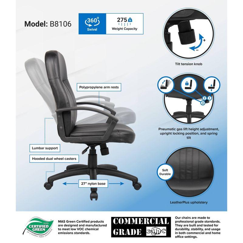 Executive Leather Budget Chair Black - Boss Office Products: Swivel, Lumbar Support, 250lb Capacity