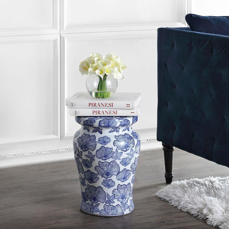 JONATHAN Y Poppies 17.7" Ceramic Garden Stool, White/Blue