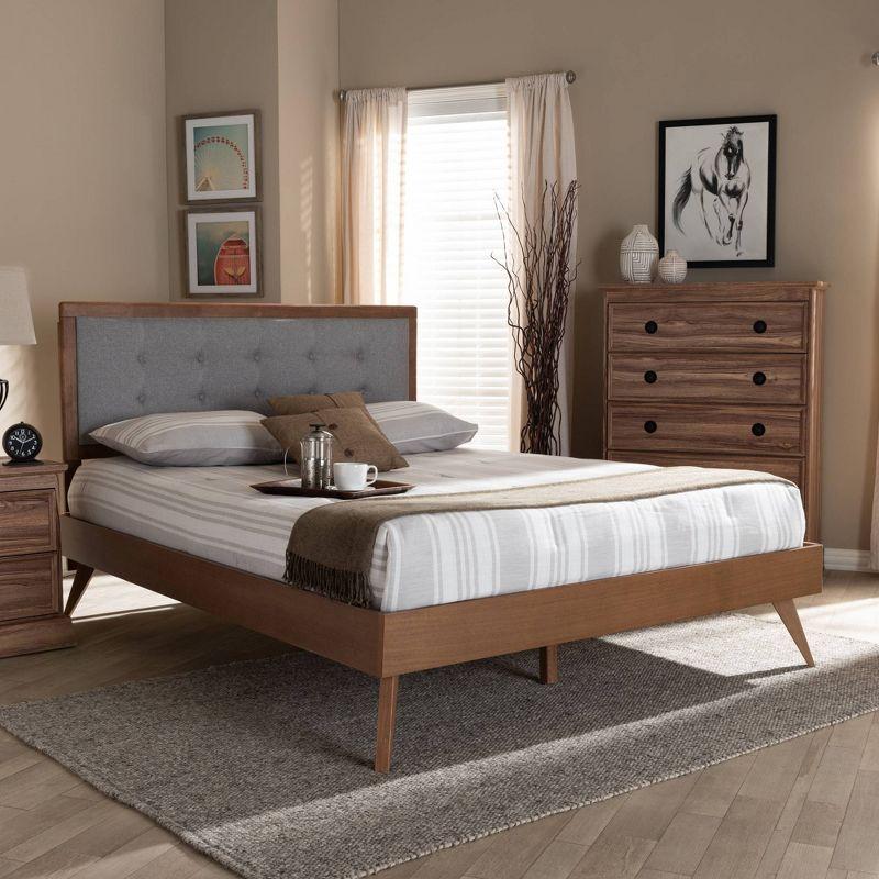Queen Ines Walnut Finished Wood Platform Bed Gray - Baxton Studio: Mid-Century Design, Tapered Legs, No Box Spring Required
