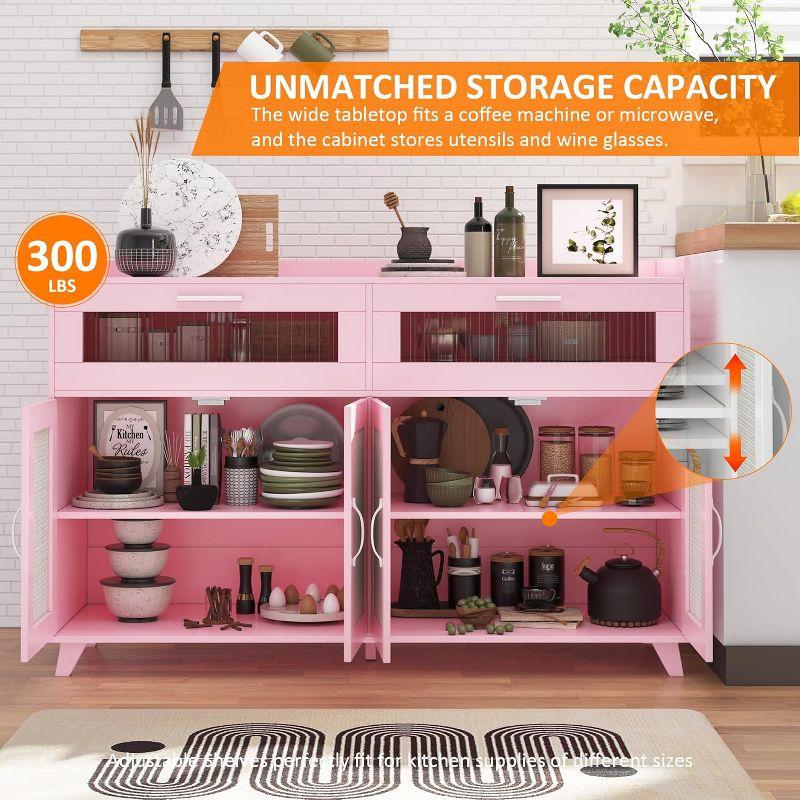 Garvee Sideboard Buffet Cabinet with Power Outlet & LED Light - Kitchen Storage Cabinet with 2 Fluted Acrylic Drawers & 4 Rattan Doors, Pink