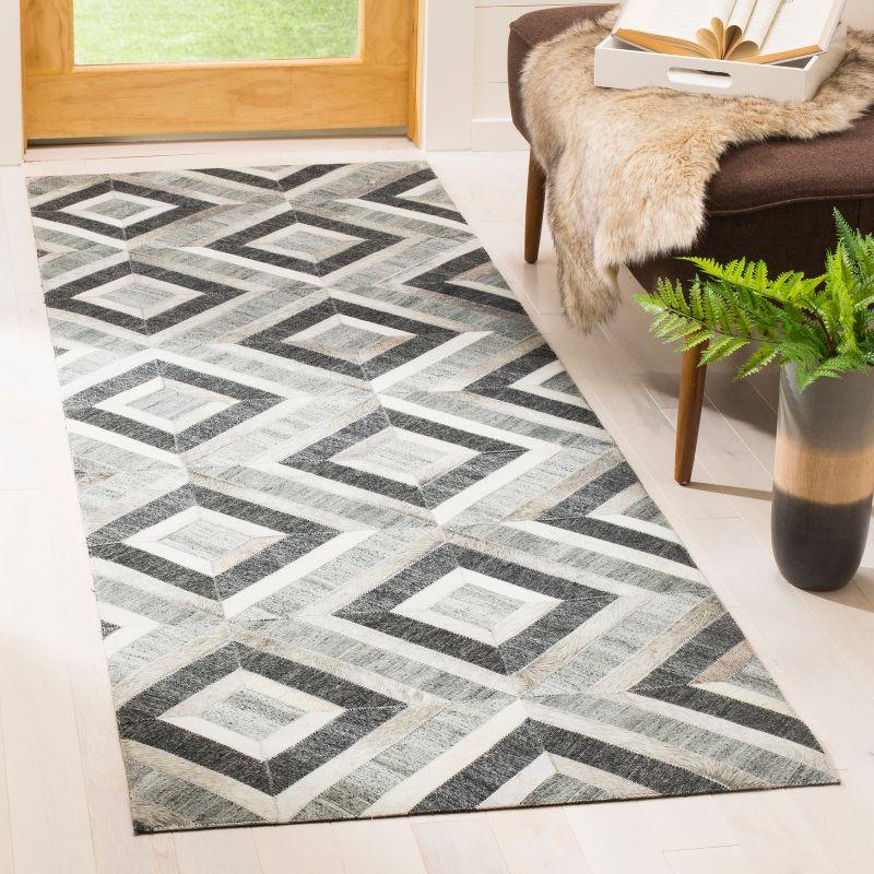 Ivory and Dark Grey Geometric Cowhide Runner Rug