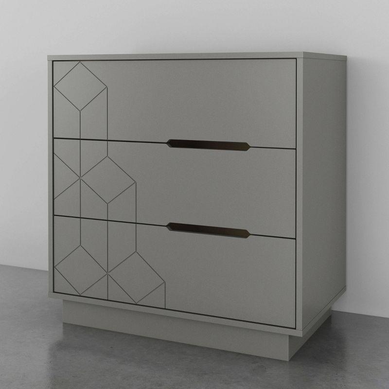 Greige Geometric Textured 3-Drawer Dresser with Modern Cut-Out Handles