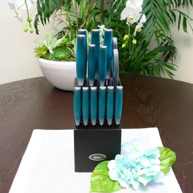 Oster Lindbergh 14 Piece Stainless Steel Cutlery Set in Teal with Wooden Block