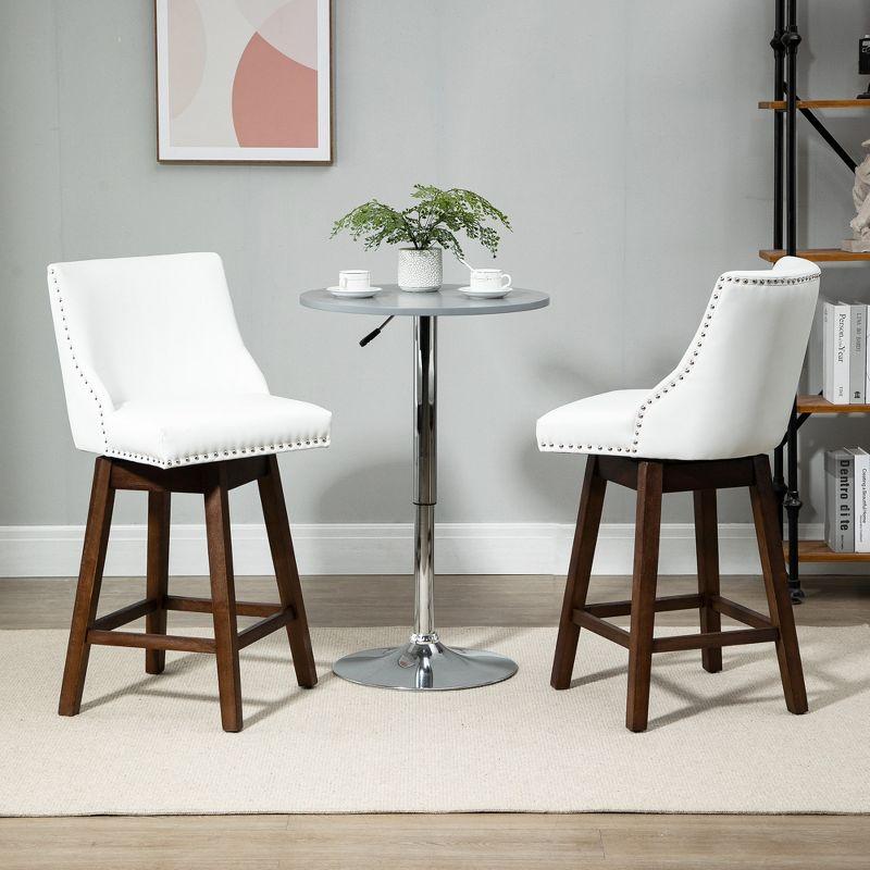 Elegant 28" White Leather Swivel Barstools with Wood Legs and Nailhead Trim, Set of 2