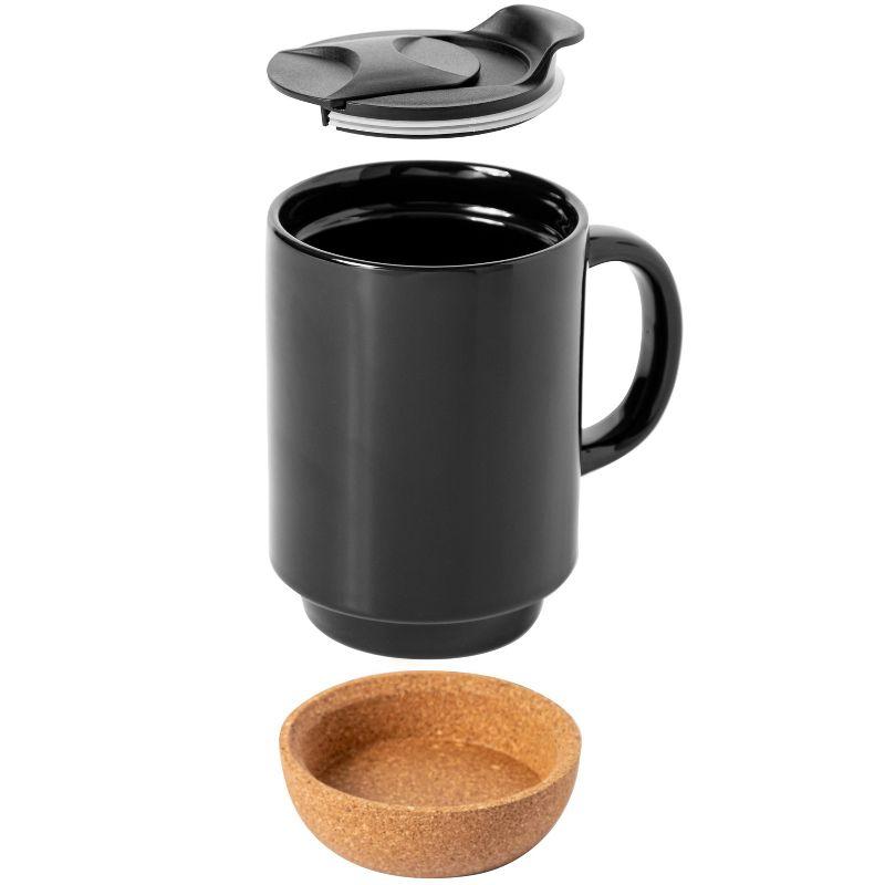 Gibson Home Modani 2 Pack Large 16.5 OZ Ceramic Mugs Set With Removable Cork Bottom And Lid - Black