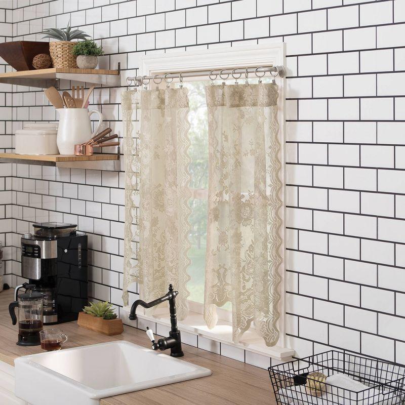2pc 58"x24" No. 918 Sheer Alison Floral Lace Rod Pocket Kitchen Curtain Tier Pair Beige: Kitchen Window Curtains