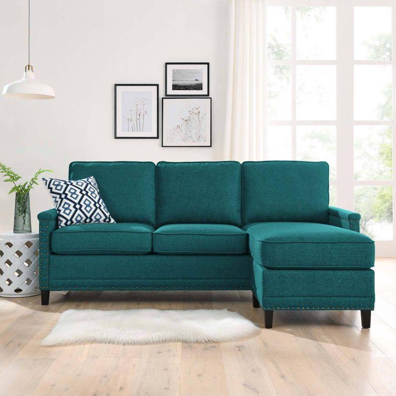 Teal Fabric Lawson Sectional Sofa with Nailhead Trim