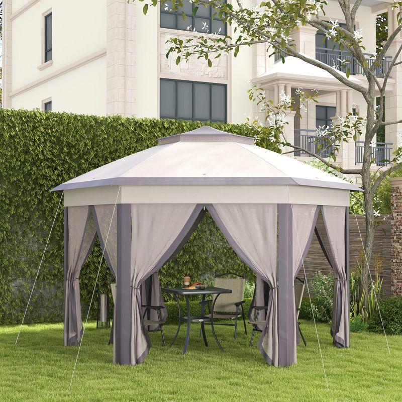 Outsunny 13' x 13' Pop Up Gazebo Hexagonal Canopy with 6 Zippered Mesh Netting, 2-Tier Roof Event Tent with Steel Frame for Patio Backyard, Coffee