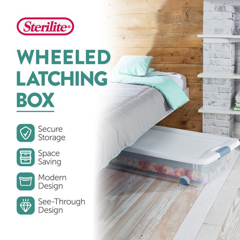 Sterilite 56 Qt Wheeled Latching Storage Box Stackable Bin with Latch Lid, Plastic Container to Organize Shoes Under Bed, Clear with White Lid, 8-Pack