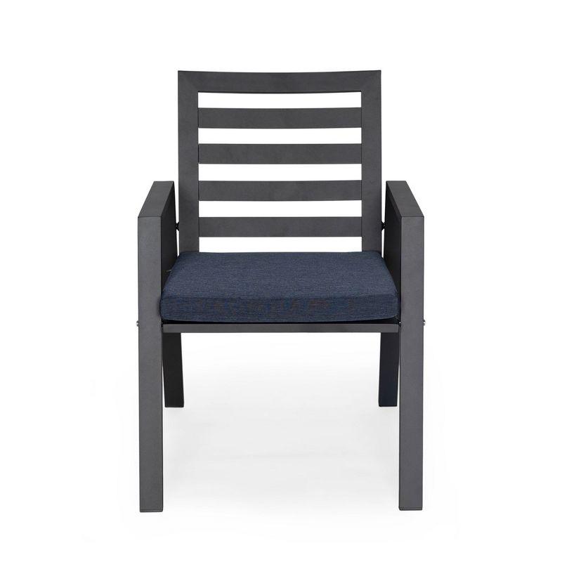 LeisureMod Chelsea Modern Patio Dining Armchair in Aluminum with Removable Cushions Set of 2 in Charcoal Blue