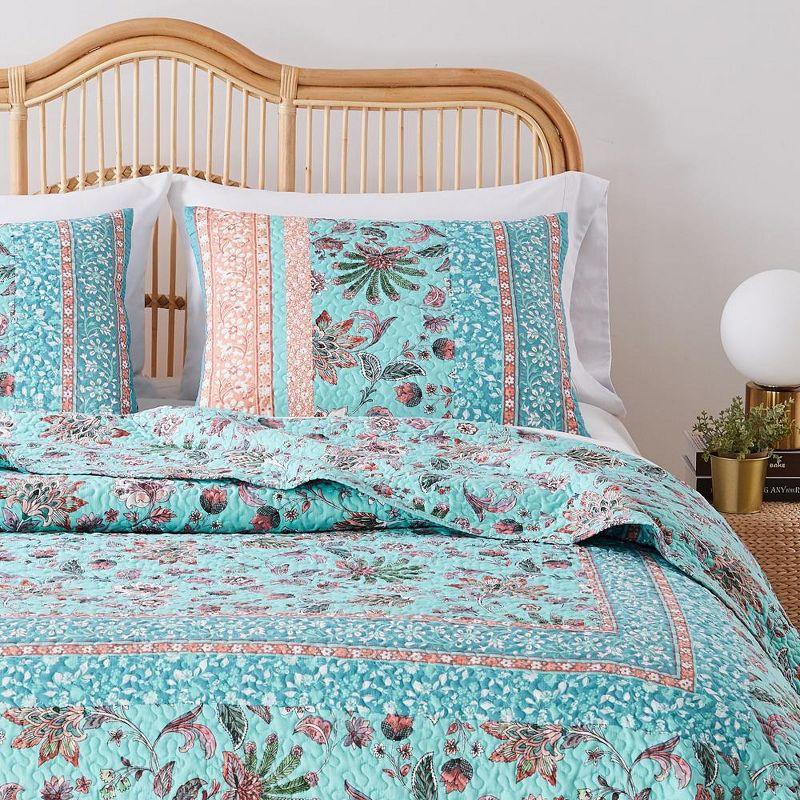 Turquoise Floral Cotton Polyester Standard Pillow Sham