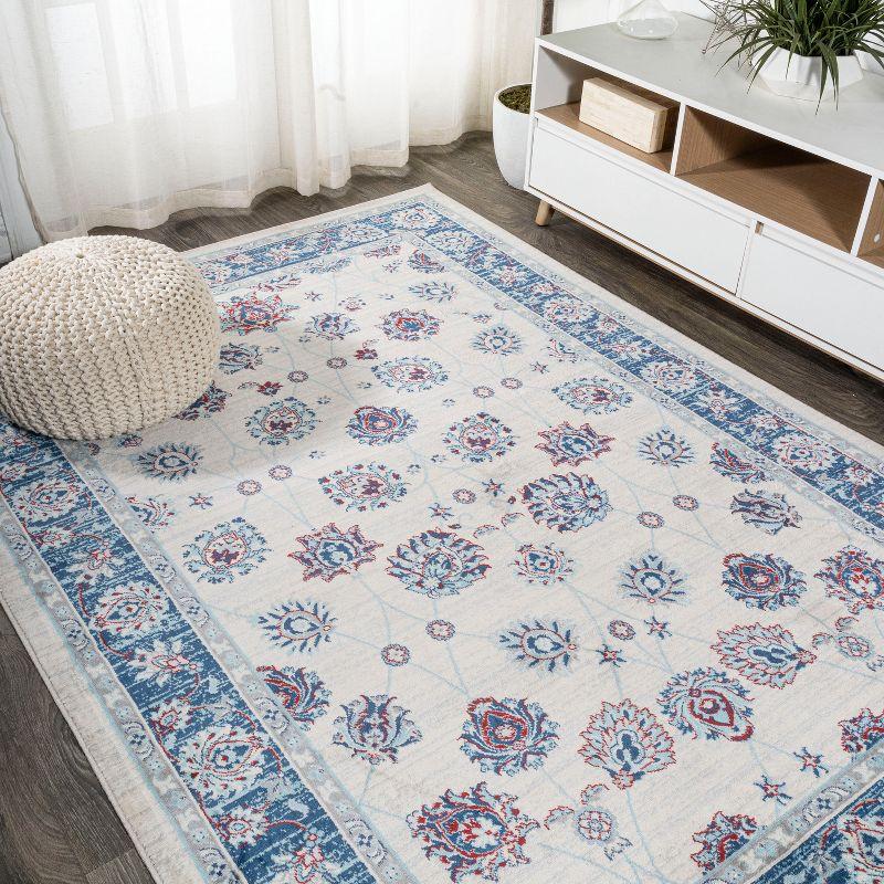 4' X 6' Modern Persian Vintage Moroccan Traditional Area Rug, Blue/Ivory/Red - JONATHAN Y