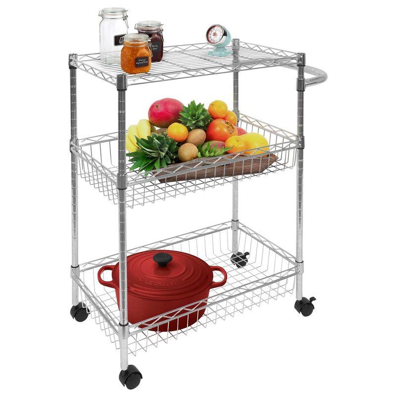 Mount-It! Mesh Wire Rolling Cart | 3-Tier Multi-Function Metal Trolley for Kitchen Storage and Organization with Lockable Wheels and Handle | Silver