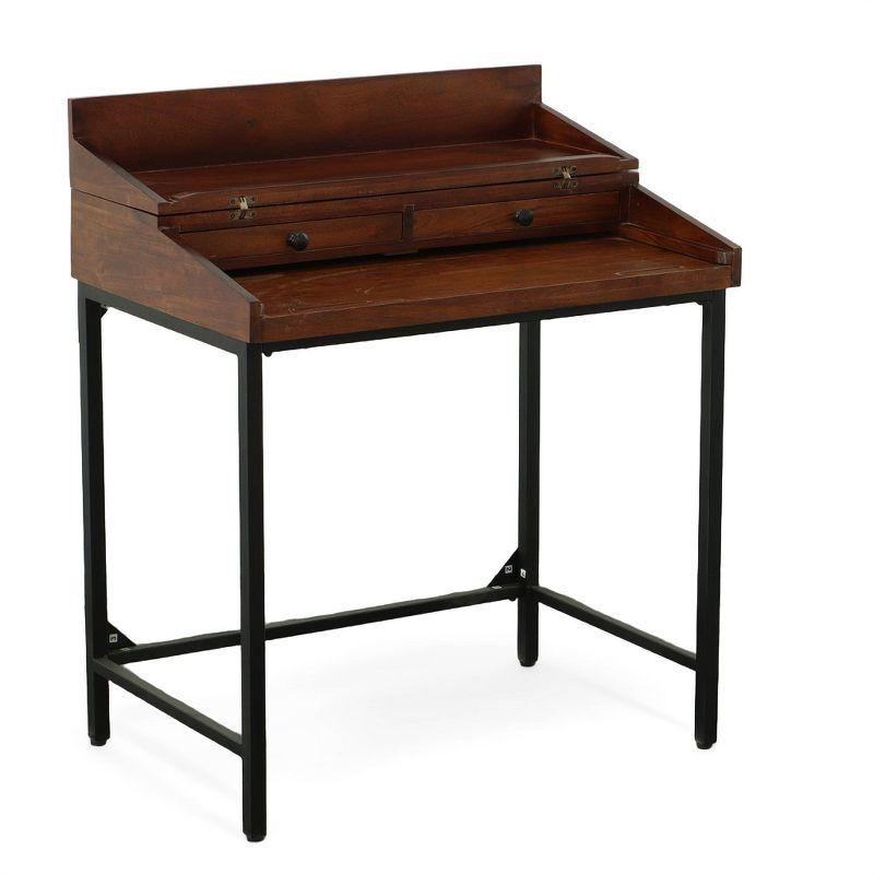 Chestnut Mango Wood Writing Desk with Black Iron Frame and Drawers