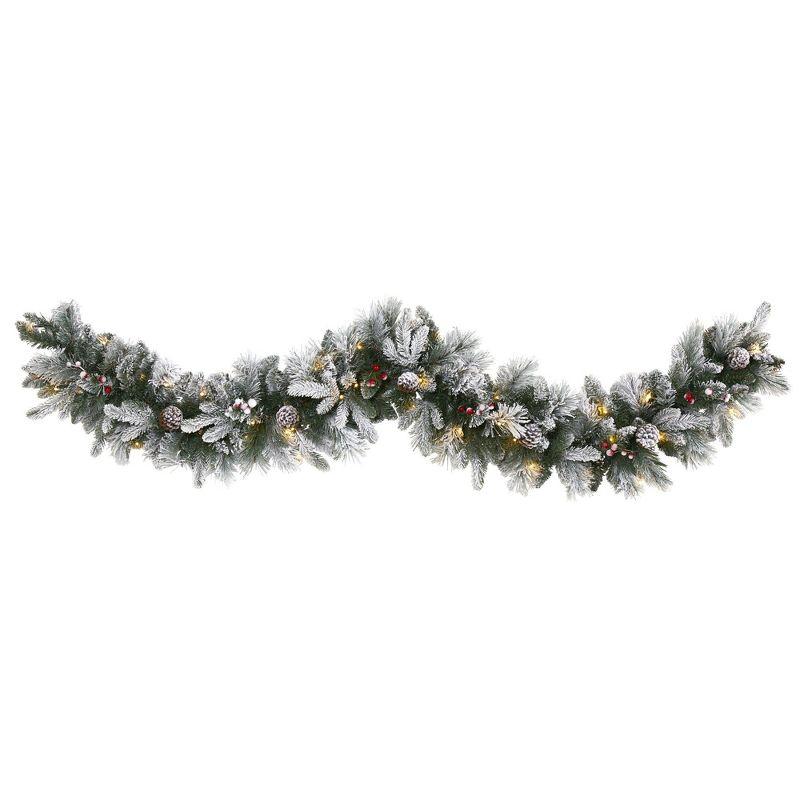 6ft Flocked Pine Artificial Christmas Garland with LED Lights and Pine Cones