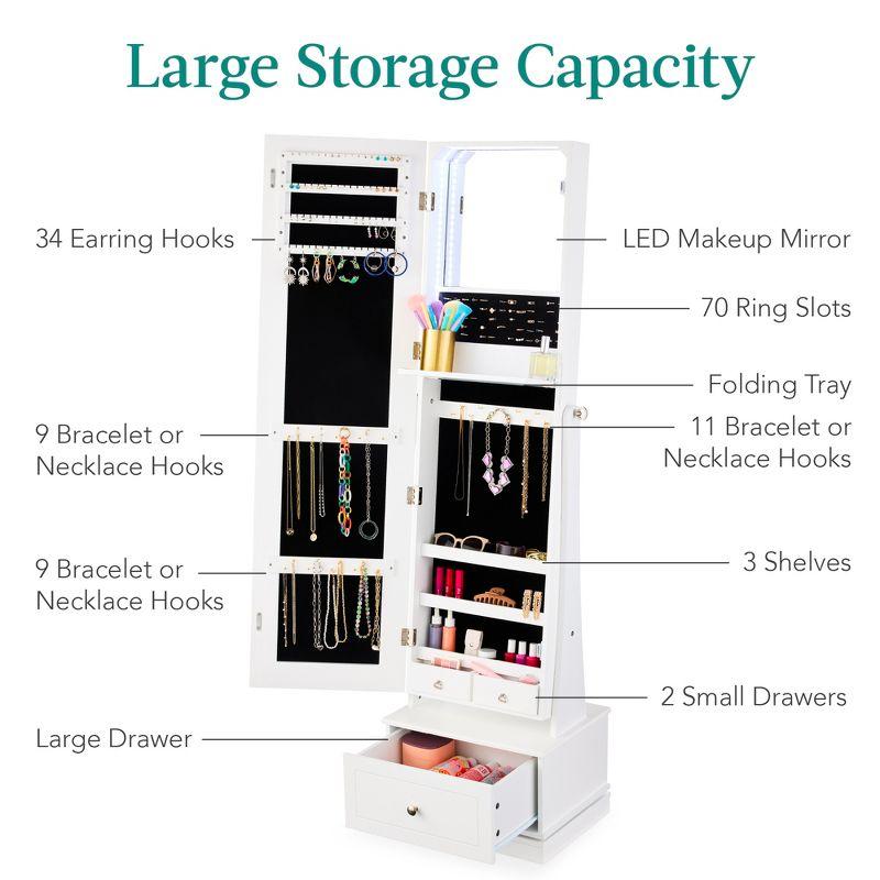 Best Choice Products 360 Swivel Standing Mirrored Jewelry Cabinet, LED-Lit Makeup Organizer w/ Mirror - White