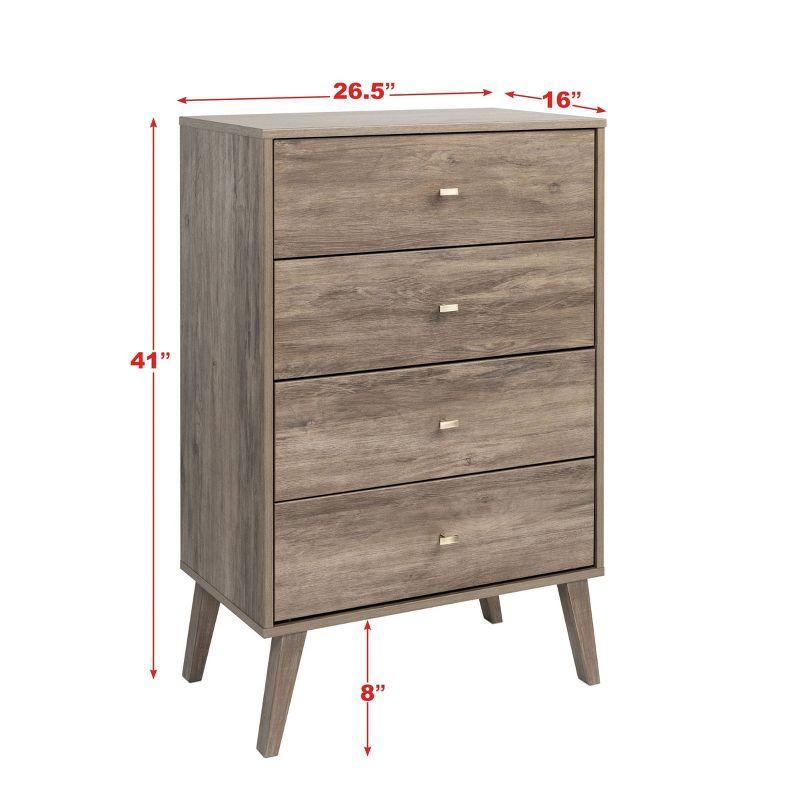 Mid-Century Modern 4 Drawer Chest Drifted Gray - Prepac: Sleek Bedroom Storage, Brass Knobs