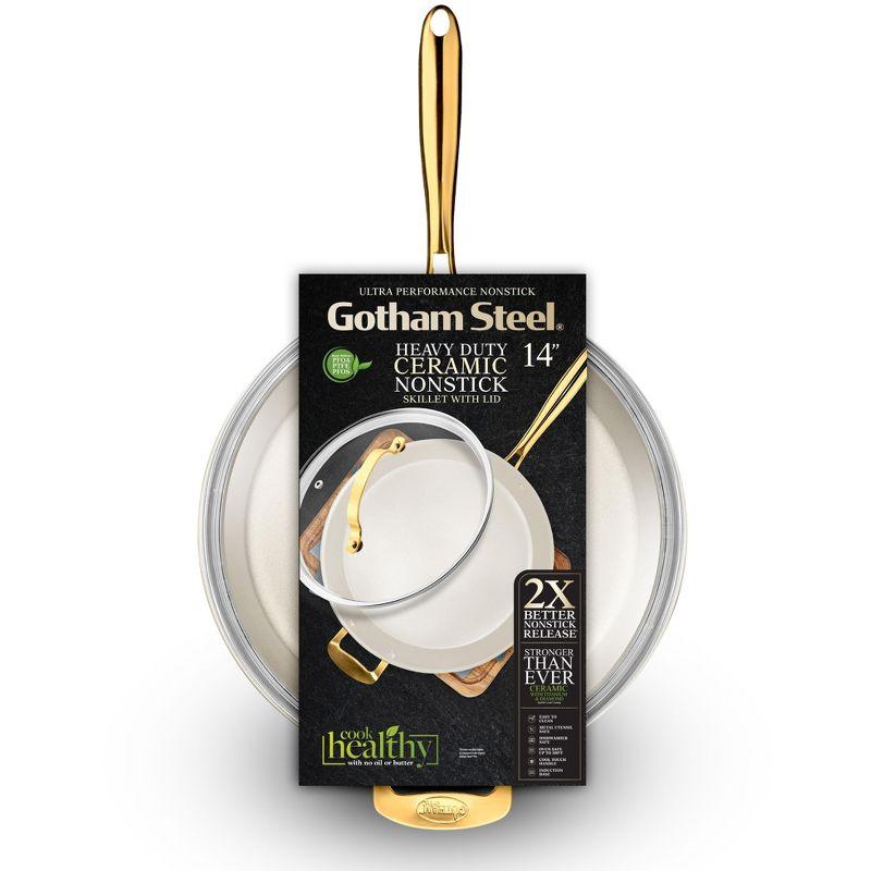 Gotham Steel Cream 14'' Ultra Nonstick Ceramic Family Pan with Lid and Gold Handles