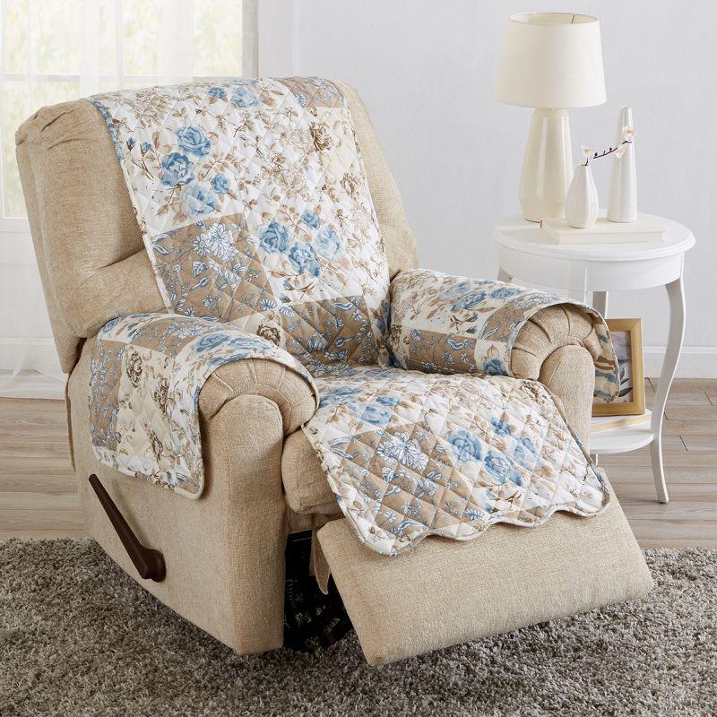 Great Bay Home Floral Patchwork Reversible Furniture Protector  (Recliner, Taupe / Blue)