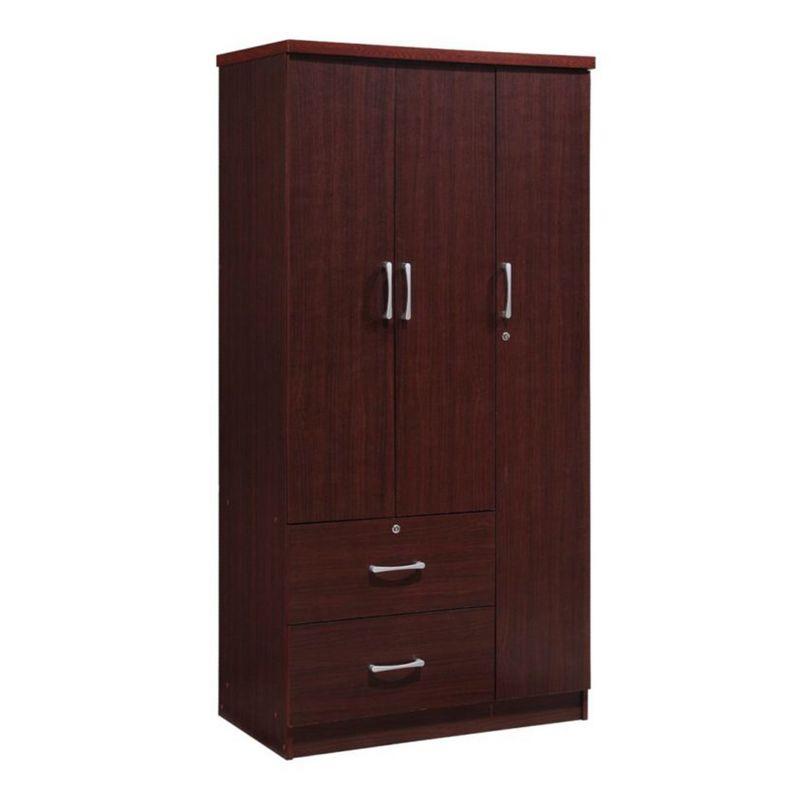 Hodedah Import Contemporary 3 Door Armoire w/ Metal Clothing Rod, 3 Shelves, 1 Standard Drawer, & 1 Locking Drawer for Bedrooms & Rented Rooms